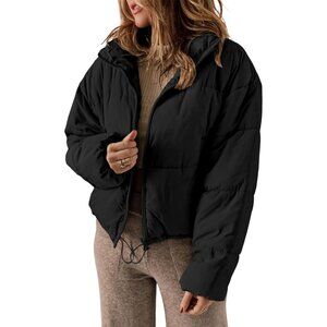 Women’s Black 100% Polyester Warm Zip-Up Classic Quilted Puffer Jacket